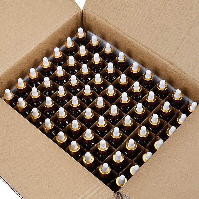 PrettyCare 2 oz Eye Glass Dropper Bottles (60ml), 63 Pack Amber Empty Thick Bottles Bulk with Leakproof Golden Caps - With Labels & Funnels for for Storage, Travel,Essential Oils, DIY Serums, Tincture
