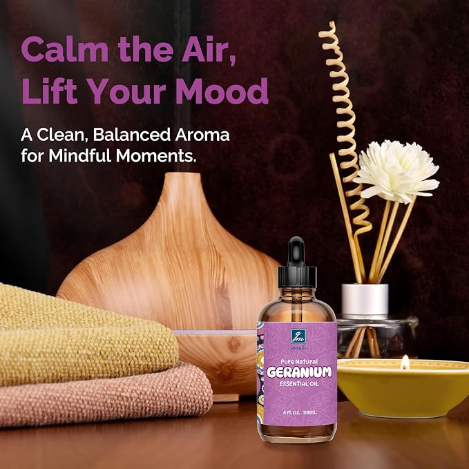GM Gumili Geranium Essential Oil 4 Oz, 100% Pure Geranium Oil for Diffuser, Skin, Hair, Face, Soap & Candle Making, Aromatherapy & Massage
