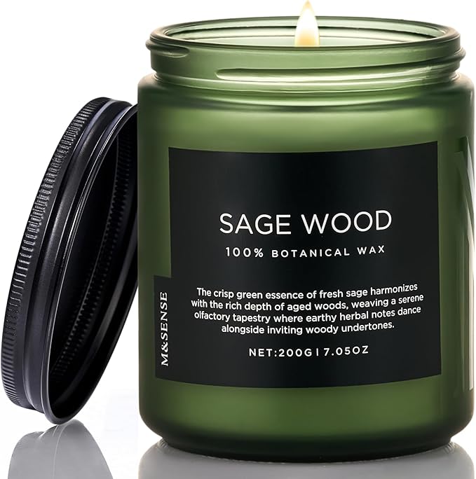 M&SENSE Sage Wood Scented Candles for Home, 7.05oz 50 Hours Clean Non Toxic All Natural Soy Wax, Fresh Smelling Candle for Relaxing & Stress Relief, Home Fragrance Gifts for Men Women