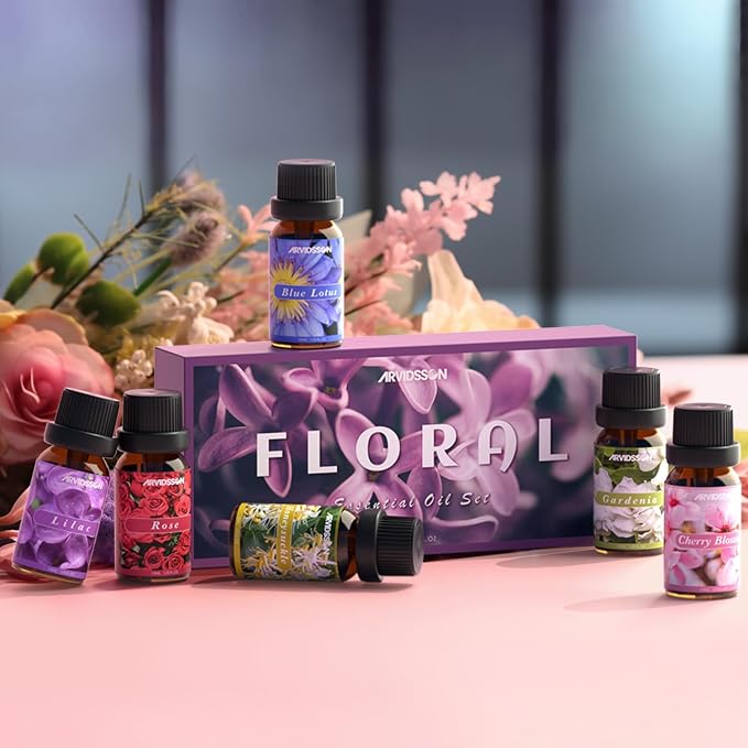 ARVIDSSON Floral Essential Oils Set, Natural Flower Essential Oil Gift for Women - Rose, Gardenia, Cherry Blossom, Honeysuckle, Lilac, Blue Lotus, Scented Oil for Diffuser, Valentines Day Gift for Her