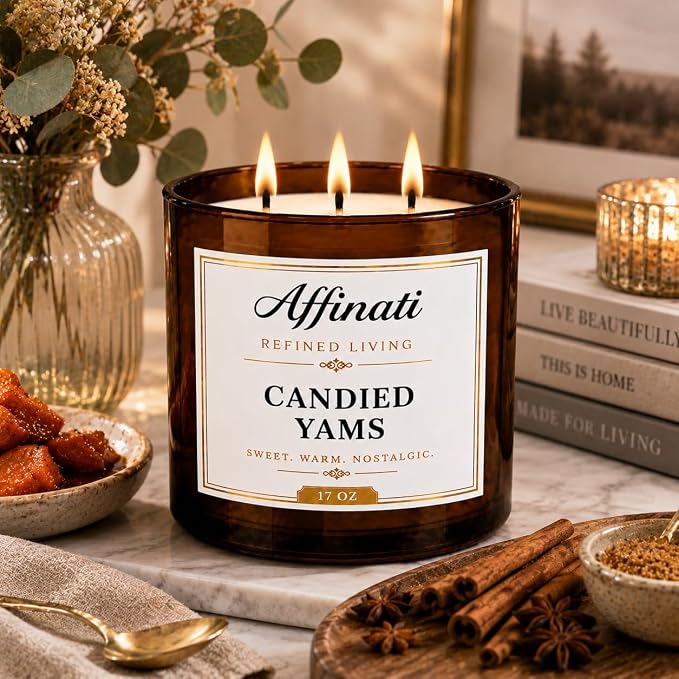 Affinati Candied Yams 3-Wick Scented Candle – Large Soy Blend Candle, Strong Scent Throw Warm Autumn Sweet Marshmallow Gourmand Candle, Premium Fall Holiday Gift