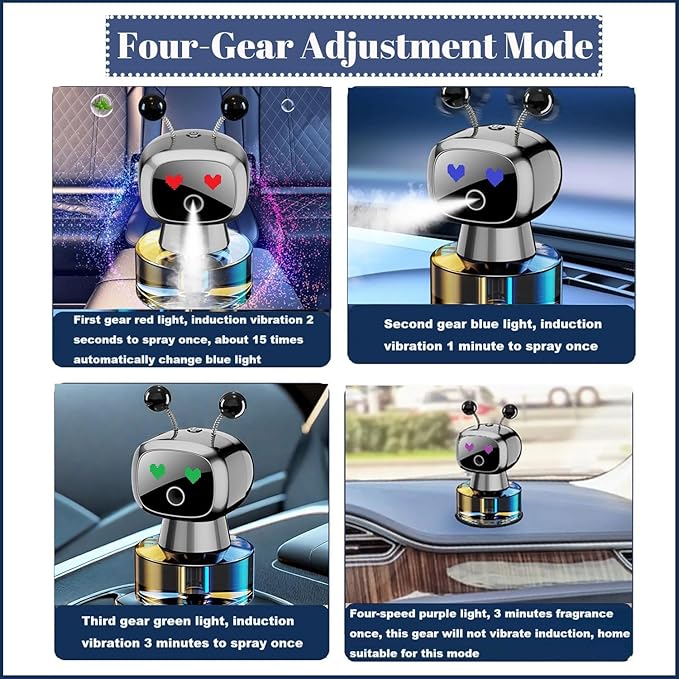 Robot Intelligent Aromatherapy Machine, Smart Cute Robot Car Air Freshener - Fine Spray/Fillable/Four-Gear Adjustment/Vibration Sensing/On-Off/Large Capacity Long-Lasting Fragrance/Gray-V2(Osmanthus)