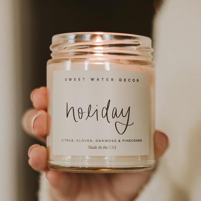 Sweet Water Decor Holiday Candle - Cloves, Pine, and Sandalwood Festive Winter Scented Soy Candles for Home - 9oz Clear Jar, 40 Hour Burn Time, Made in the USA