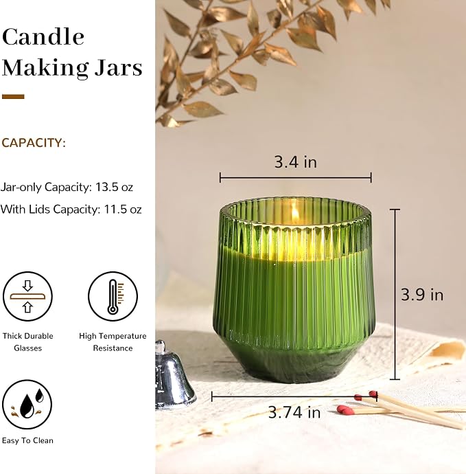 simeitol 13 OZ Candle Jar for Making Candles - 6 Pack Green Candle Jars, Ribbed Glass Candle Jars Bulk, with Bamboo Lids and Candle Wick Kit, Candle Making Kit for Making Candle Containers