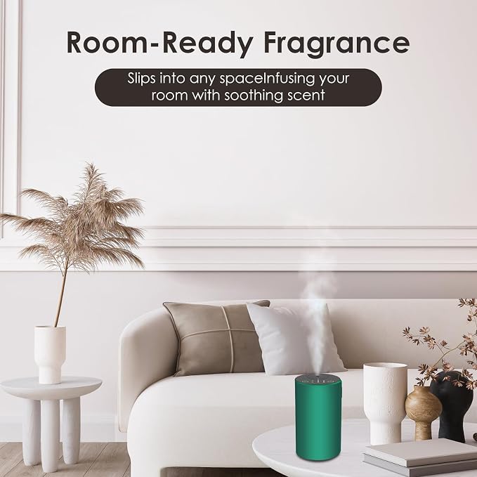 Waterless Essential Oil Diffuser, Battery Powered Mini Scent Air Machine, Aromatherapy Mist Diffuser for Home Room Car Office，Black Aluminum Alloy (Green)