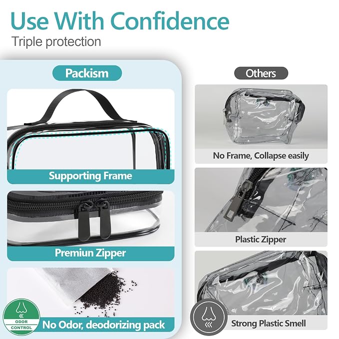 PACKISM Clear Makeup Bag Combo Pack, 1 TSA Approved Medium & Large for Checked Luggage, Clear Toiletry Bag with Handle, Water-resistant Travel Essentials Organizer, Elegant Black