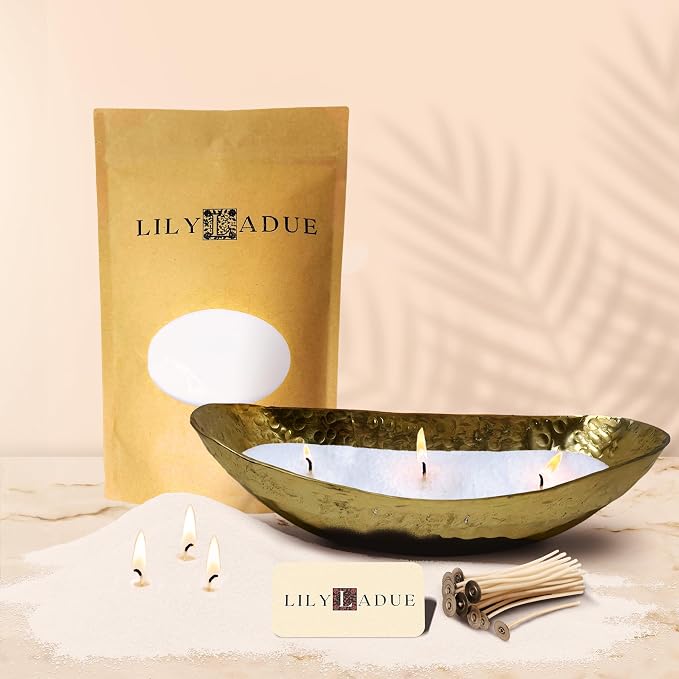 LILY LADUE Sand Candle Kit - 1Lb/16Oz Pearled Candles Sand and Wicks (24) with Gold Holder, Unscented Aroma Beads, Reusable Pearled Candle Wax for DIY Home Kit, Powder Beads Refill Available