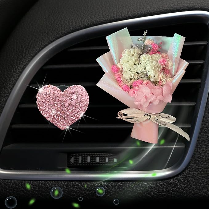 Mini Dried Flowers + Heart Car Vent Clips-Decorative Air Outlet Bouquets with Floral Scent,Fragrance Diffusers for Vehicle Interior Decor,Automotive Air Freshener Decorations (Pink, Random fragrance)