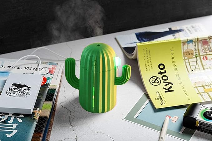 Mini Humidifier Single Room Humidifiers with Night Light Portable Cactus Air humidifier for for Yoga, Office, spa, Bedroom，Baby Room，Silica Gel Diffuser for tap Water only(Green)
