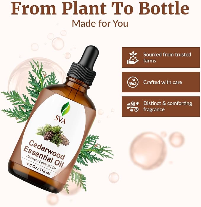 SVA Cedarwood Essential Oil 4 Fl Oz – for Diffuser, Skin & Hair Care – Ideal for Massage & DIY Blends - with Dropper