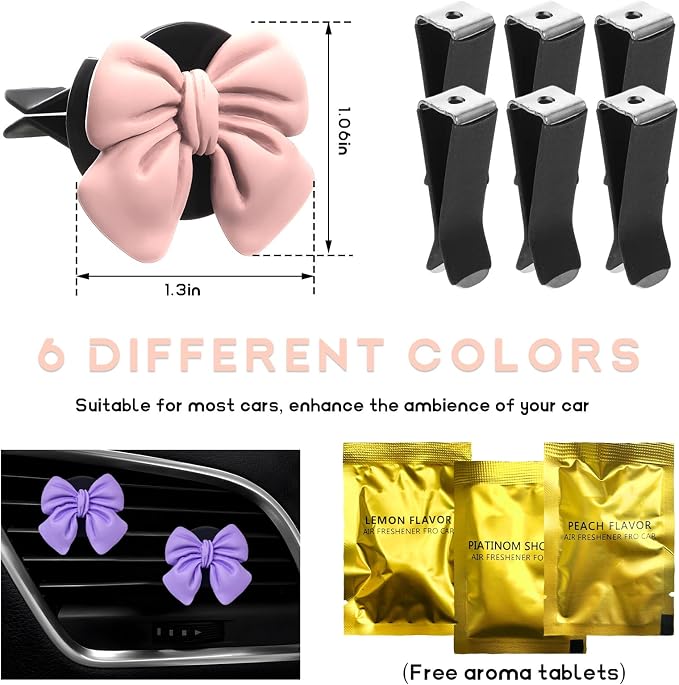 KVAEY 9 PCS Pink Bow Car Air Freshener, Automotive Cute Pink Bow Air Outlet Clips with Scent Pieces, Universal Coquette Car Air Vent Diffuser for Women and Girls (Orange+Pink+Purple)