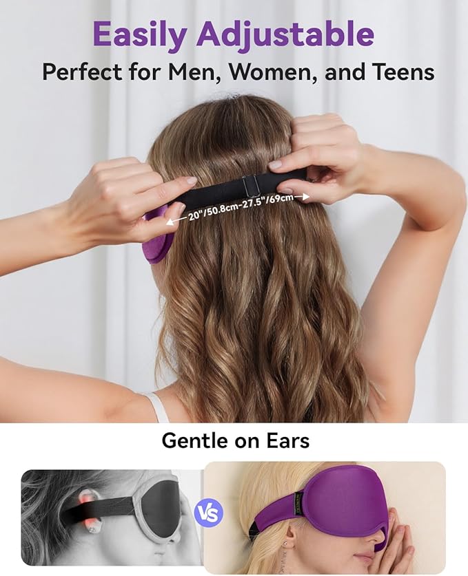 Weighted Blackout Sleep Mask for Women, 3D Contoured Zero Eye Pressure, Lash-Friendly Deep Eye Cups, Adjustable Slide Buckle Strap, Self-Care & Relaxation Gift for Her (Purple)