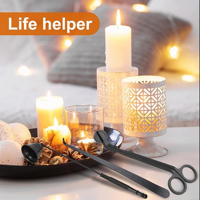 3 in 1 Candle Accessory Set(3 Set), Premium Candle Wick Trimmer, Candle Snuffer, Wick Dipper, Elegant Candle Care Kit with Gift Package for Candle Lovers (Black)