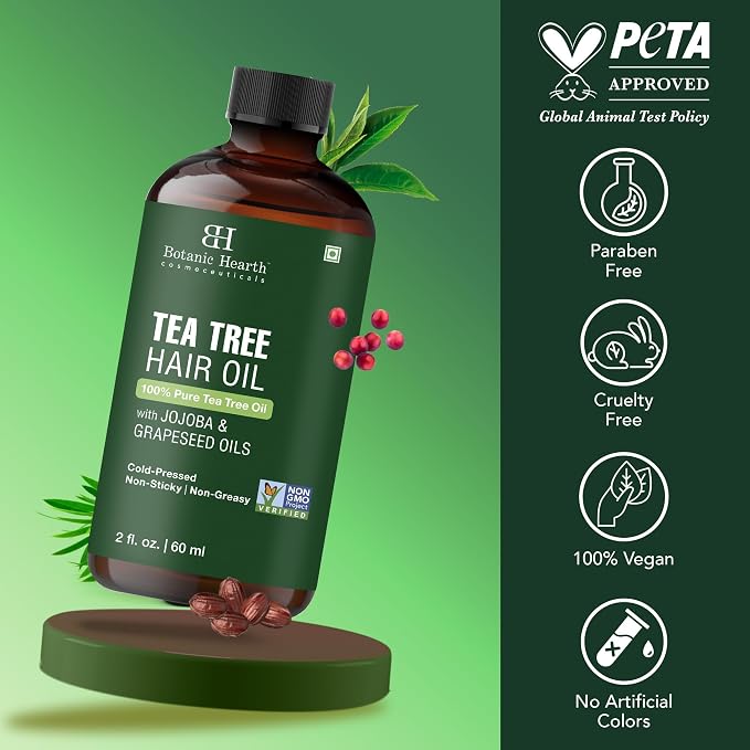 Botanic Hearth 100% Pure Tea Tree Hair Oil For Hair Growth & Hair Treatment Oils 2 Fl Oz | Infused with coconut Oil | Hair Oil Repairs Dry Damaged Hair, Strengthening, Healthier | All Hair Types
