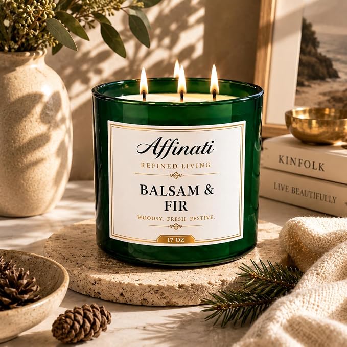 Affinati Balsam Fir 3-Wick Scented Candle – Large Soy Blend Candle, Strong Scent Throw Fresh Crisp Evergreen Pine Christmas Tree Winter Candle, Premium Holiday Gift