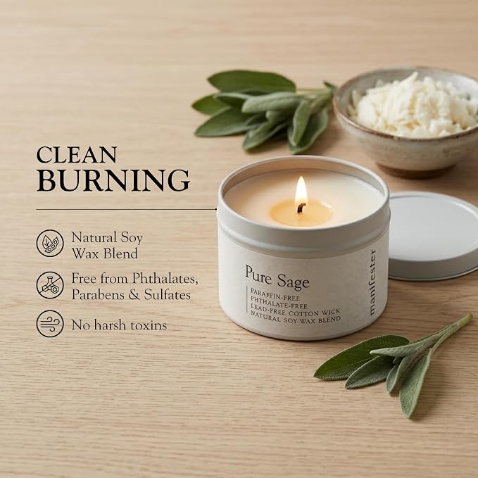 Pure Sage Natural Soy Wax Candle – Phthalate, Paraben & Paraffin Free – Clean Burn Cotton Wick (No Lead or Zinc) – Long-Lasting Aromatherapy – Energy Cleansing Smudge – 6 oz Tin Candle (Pure Sage)