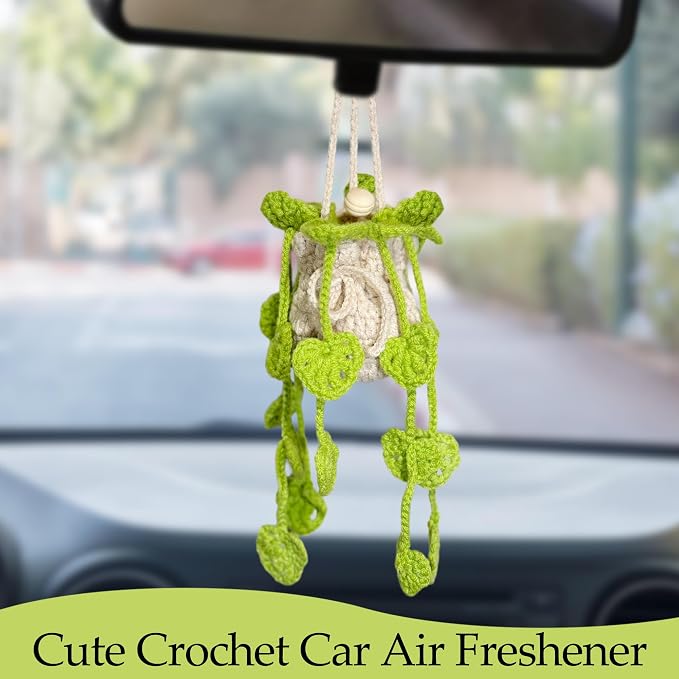 Crochet Car Air Freshener Hanging, Cute Hanging Plant for Cars, Crochet Plant with 10ml Empty Refillable Oil Diffuser Bottle, Handmade Boho Car Ornaments Charms for Rear View Mirror, Green