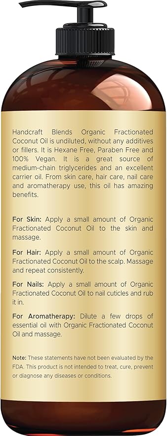 Handcraft Blends Organic Fractionated Coconut Oil | 100% Pure and Natural | Bath & Body Oil | Premium Grade Carrier Oil | Skin | Hair | Body | Massage | Hexane-Free | 16 Fl Oz