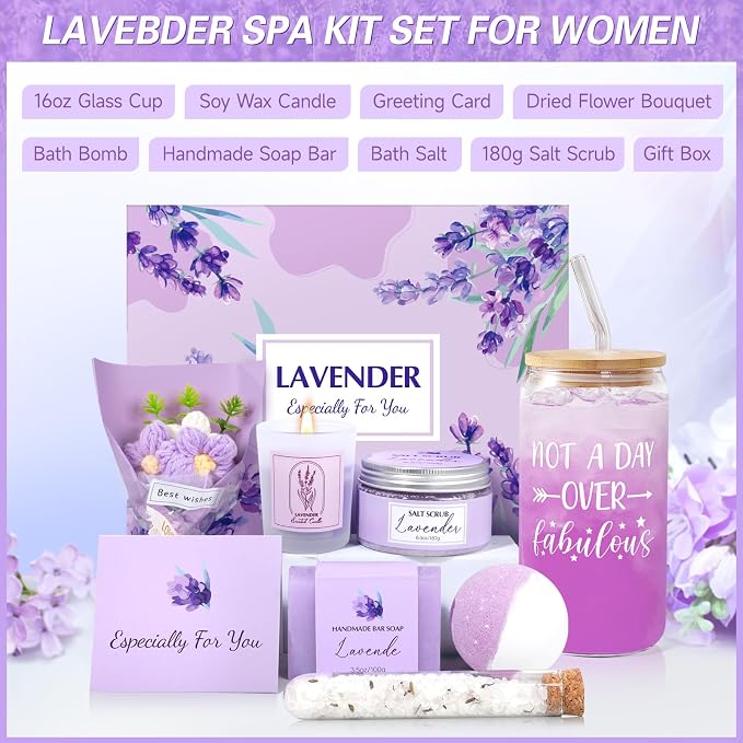 Spa Gift Baskets for Women, Lavender Birthday Gifts for Women, Relaxing Spa Kit Box, Bath and Body Gift Set for Her Mom Wife Sister Friends, Self Care Gift for Woman Mothers Day Christmas Idea
