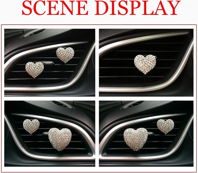 Crystal Heart Air Vent Clip Charms, 2Pcs Car Air Fresheners, Rhinestone Oil Diffuser Conditioning Outlet Clip, Bling Interior Decoration Accessories for Girls Women Style A