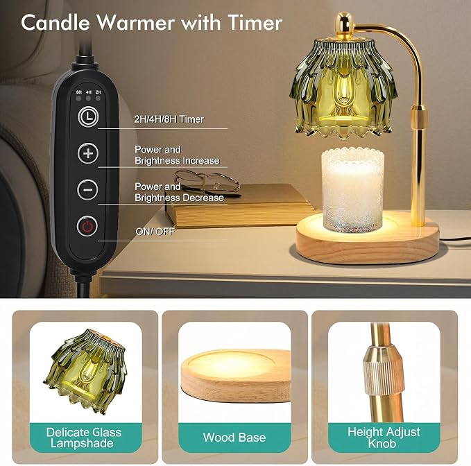 Candle Warmer Lamp with Timer - Electric Wax Melt Warmer with Adjustable Height and Dimmer for Scented Candle Wax, Home Fragrance Décor and House Warming Birthday Gifts for Women Mom