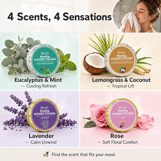 12 Tablets Shower Steamers Aromatherapy, Morning Evening Shower Tablets Set, Gift for Women and Men, Self Care Lavender Rose Lemongrass Coconut Eucalyptus Mint