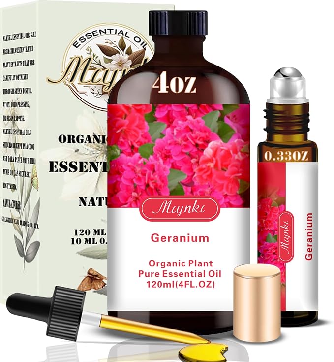 Geranium Essential Oi, Geranium Oil for Skin Care, Diffuser, Humidifier, Massage, DIY Soap, Candle, Yoga, Gift Ready,Geranium Fragrance Oil - MLYNKL Essential Oils (4.33 fl oz / 130ml)