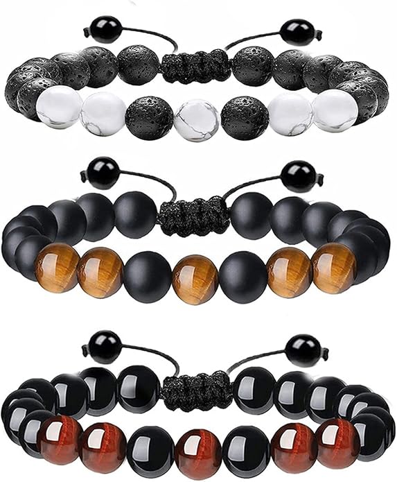 3Pcs Handmade Tiger Eye Braide Rope Bead Bracelet Set Adjustable Cord Volcanic Lava Rock Stone Essential Oil Diffuser Bracelet for Men Stress Anxiety Relief Protection Jewelry