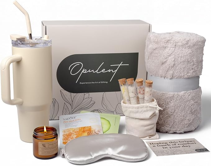 Opulent Luxury Self Care Gift Package for Women, 40oz Tumbler, Cozy Blanket | Gift-Ready Spa Set for Get Well, Thinking of You & Corporate Gifts for Employees & Clients - Candle, Bath Salts & Sleep Mask