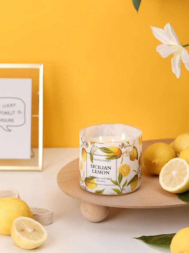 Lemon Candle, Sicilian Lemon Scented Candle, Large 3 Wicks Candle, 14 oz