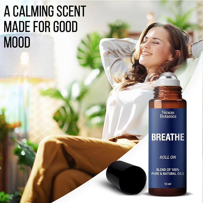 Breathe Essential Oil Roll-On 10 ml - Pure Eucalyptus, Peppermint & Rosemary Oils Blend Roller for Clear Breathing & Respiratory Support - Nexon Botanics