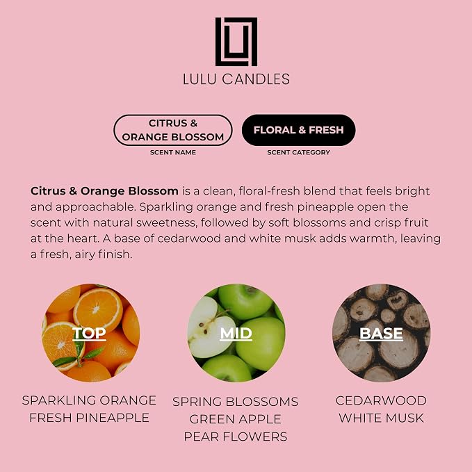 Lulu Candles | Citrus & Orange Blossom | Luxury Scented Soy Jar Candle | Hand Poured in The USA | Highly Scented & Long Lasting (9 Oz.)