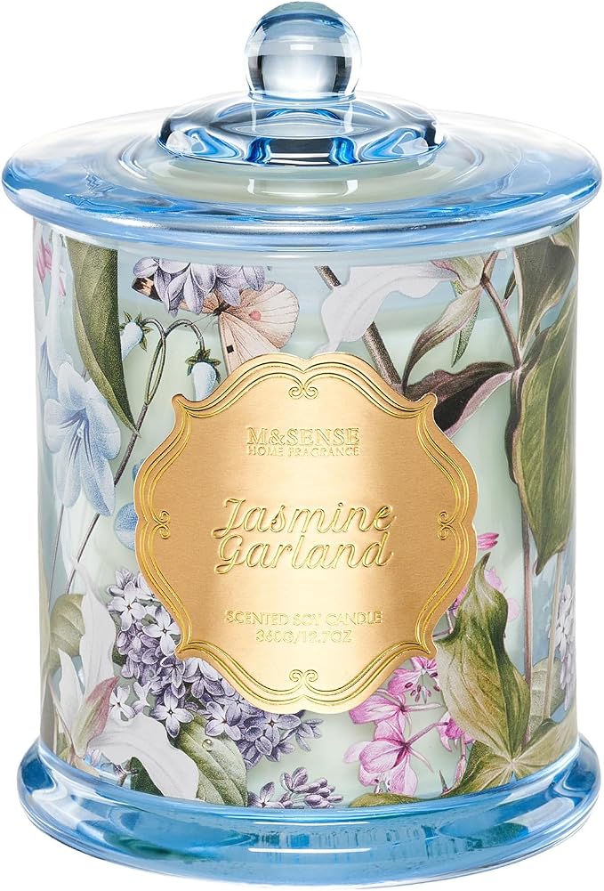 M&SENSE Jasmine Garland Scented Candle 12.7oz Slow Burning 2 Wick | Natural Soy, Non-Toxic, Gentle Floral Scent, Gift for Women, 75 Hour Home Fragrance