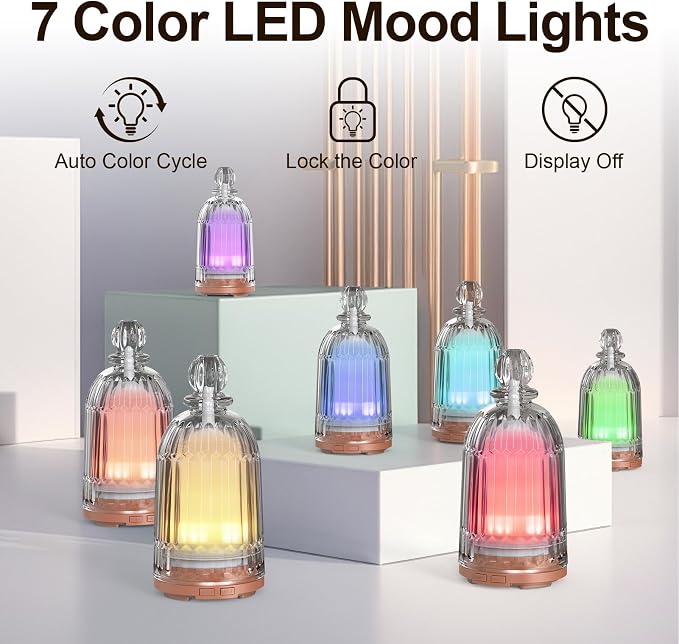 120ml Glass Essential Oil Diffuser, Ultrasonic Aroma Diffuser Glass Cover & Plastic Reservoir with Auto Shut-Off 7 Colors LED Lights for Home Office Bedroom(Bronze Base)