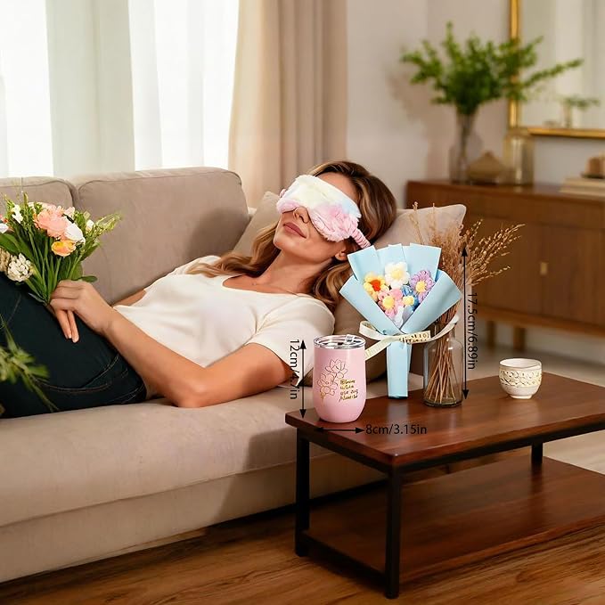Birthday Gifts Set for Women Deluxe Gift Bag for Mother Clear Tote Spa Gift Set with Insulated Tumbler, Candle, Sleep Mask & Flower Bouquet, Care Package for Sister, Friend,Grandma, Wife