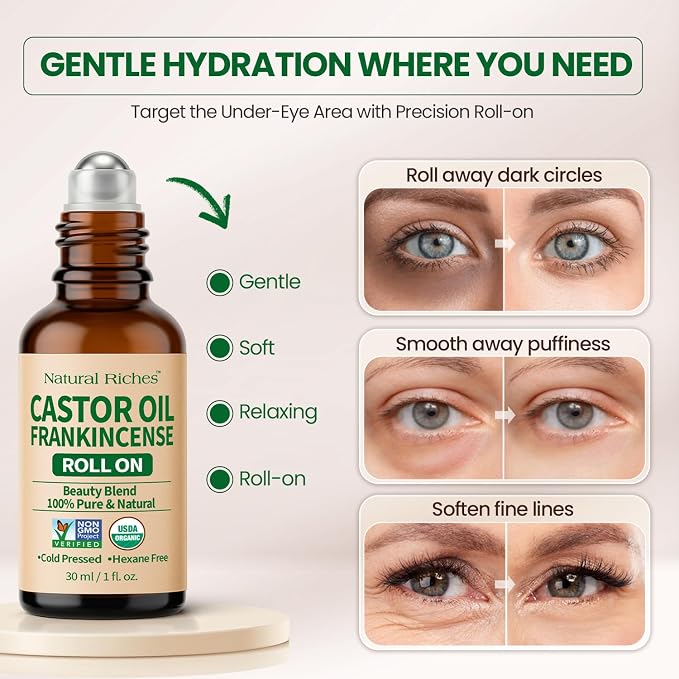 Natural Riches Organic Castor Oil and Frankincense Eye Roller 30 ml - Lightweight Roll On for Under Eye Puffiness, Face, Wrinkles, Fine Lines - Cold Pressed and Hexane Free.