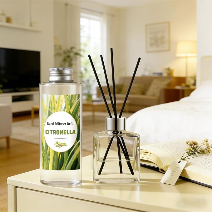 STRN Citronella Reed Diffuser Oil Refill, Lemongrass Scent 200ML(6.8fl.oz) with 6 Sticks, Air Freshener Long-Lasting Aromatherapy Reed Diffuser Set for Summer Home, Bedroom, Spa, Bathroom