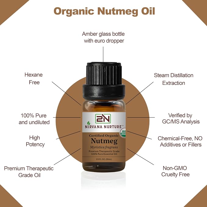 Nutmeg Essential Oil, USDA Certified Organic, 100% Pure Undiluted, Aromatherapy Oil for Diffuser, Hair & Skin Care