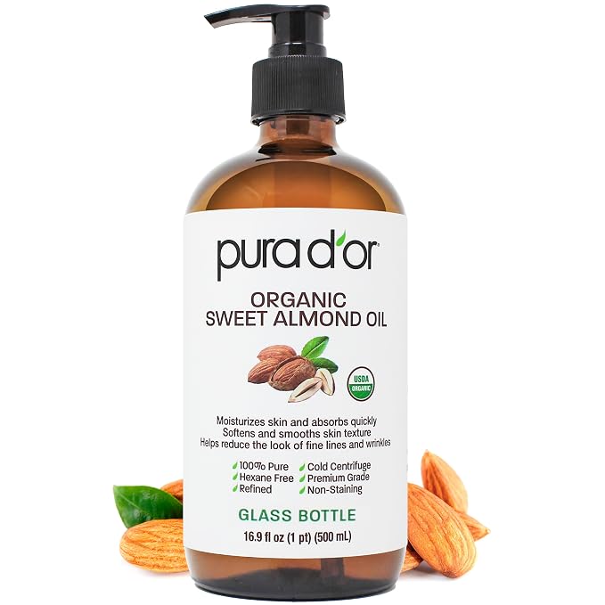 PURA D'OR ORGANIC Sweet Almond Oil (16.9 Oz GLASS BOTTLE) 100% Pure & Natural USDA Certified