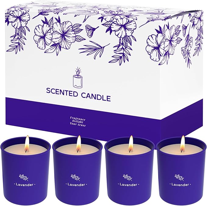 TranquilBliss Lavender Candles for Home Scented, 8 oz Scented Candles Present, Purple Jar Wax, Made with Soy for Women, 45 Hour Long-Lasting Burn for Girl Women Birthday Present Giving - 4 Pack