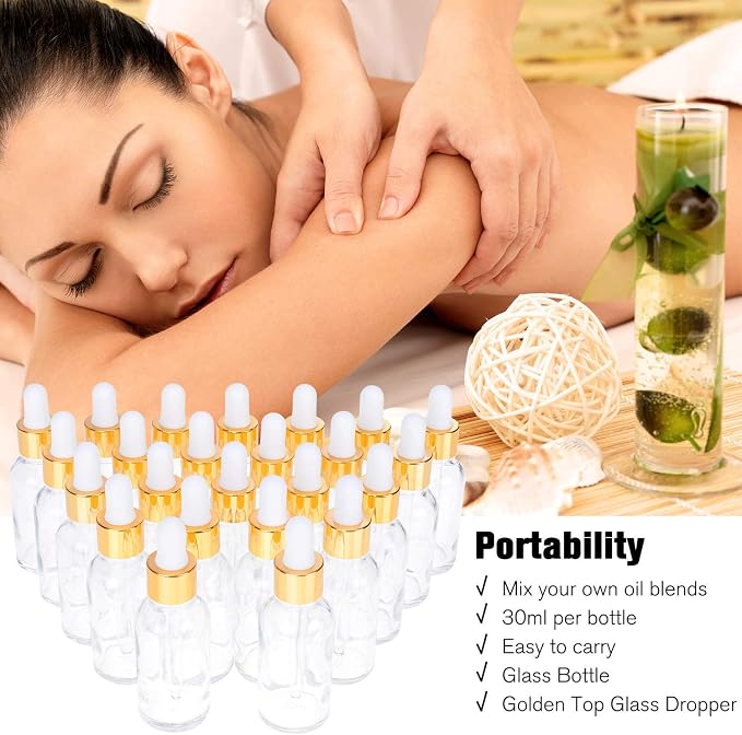 PrettyCare Glass Eye Dropper Bottles 24 Pack, 1oz (30ml) Clear Empty Thick Bottles Bulk with Leakproof Golden Caps - With Labels & Funnels for Storage, Travel, Essential Oils, Cuticle Oils, Tinctures