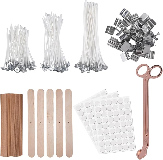 180 Pcs Candle Wicks for Candle Making Kit: 150 Cotton Wicks & 30 Wood Wicks with Candle Making Tools（Wick Holders、Stickers、Wick Trimmer） Thick 4"+6"+8" for Candle Making,Candle DIY
