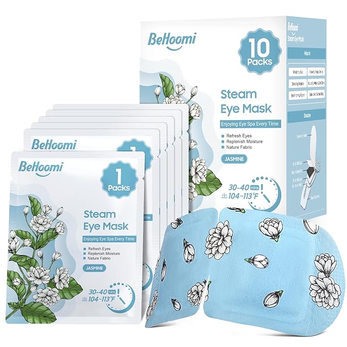 BeHoomi Steam Eye Mask, 10Packs Heated Eye Mask, Self Heating Disposable SPA Warm Compress for Eyes Sleep Mask, Travel Essentials & Relaxation Gifts for Women (Jasmine Scent)