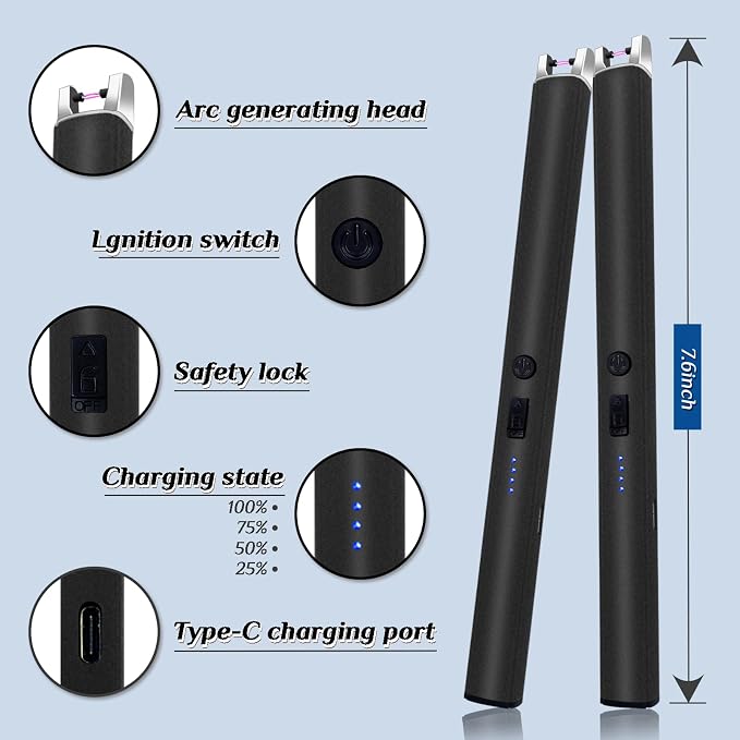 2 PCS Candle Lighter,Windproof Flameless Electric Lighter with LED Power Display ＆ Safety Switch, Upgraded Plasma USB Rechargeable Lighters for Birthday Camping BBQ (Black)