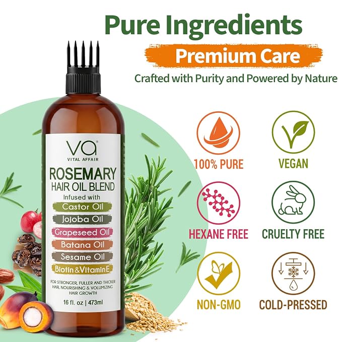 VITAL AFFAIR Blend Of Pure Rosemary Oil For Hair Growth With Castor, Batana, Jojoba Oil-Infused With Biotin & Vitamin E-Blend of Effective Hair Oils for Hair Growth-Strengthening Treatment 16 Fl Oz