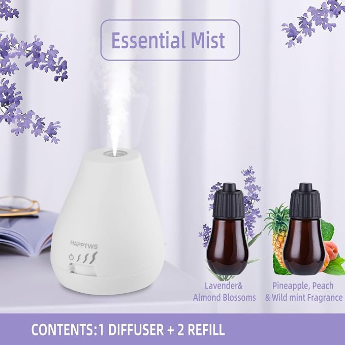 HAPPTWS Essential Oil Diffuser - Waterless Diffuser 3 Timer Settings Battery Powered for Bedroom Yoga Room Toilet Pet Room White