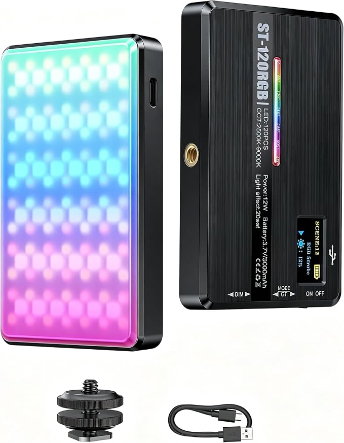 120 RGB Video Light, Photography Light, Color Temperature 2500-9000K 360° Full Color with 20 Lighting Effects, 3000mAh Battery, OLED Display, DSLR Lighting for TikTok, Photography, Video Conference