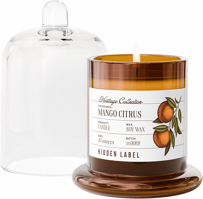 Hidden Label Mango Citrus Scented Candle - 10oz Non Toxic Candles for Home Scented with Clear Bell Jar, Natural Soy Wax Clean Burning Aromatherapy Candle for Spa/Yoga/Meditation & Stress Relief Gifts