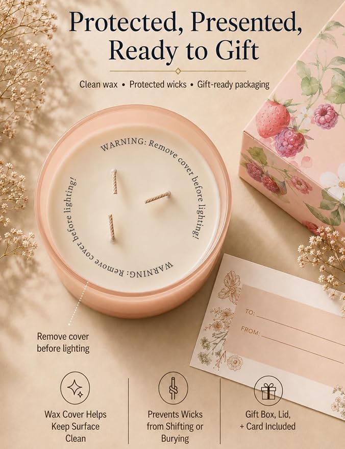 Raspberry Strawberry Vanilla 3-Wick Scented Soy Candle 15.8 oz | Large Sweet Berry Vanilla Scented Candle for Home | Relaxing Aromatherapy Candle | Strong Throw & Long Lasting
