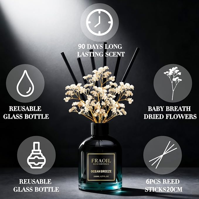 Ocean Breeze Reed Diffuser, Reed Diffuser Set 6.7 fl oz (200 ml) with 6 Reed Sticks, Home Fragrance Reed Diffuser for Bathroom Shelf House Bedroom Office Decor